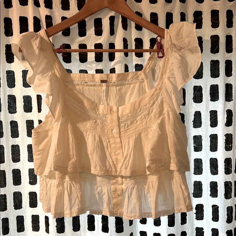 Free People White Puff Sleeve Ruffled Blouse